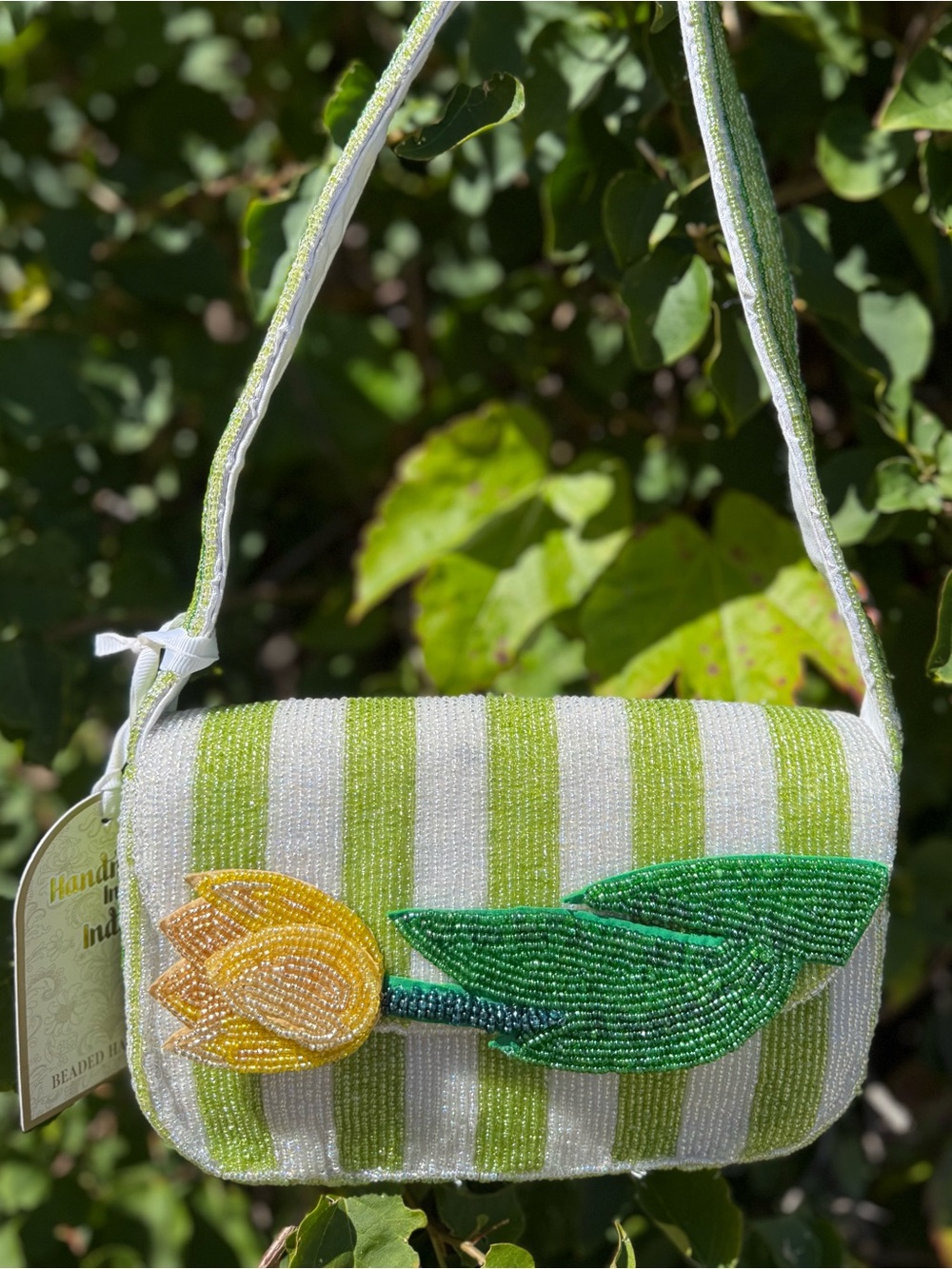 NWT Made in India Yellow Tulip Flower Floral Green White Striped Beaded Bag